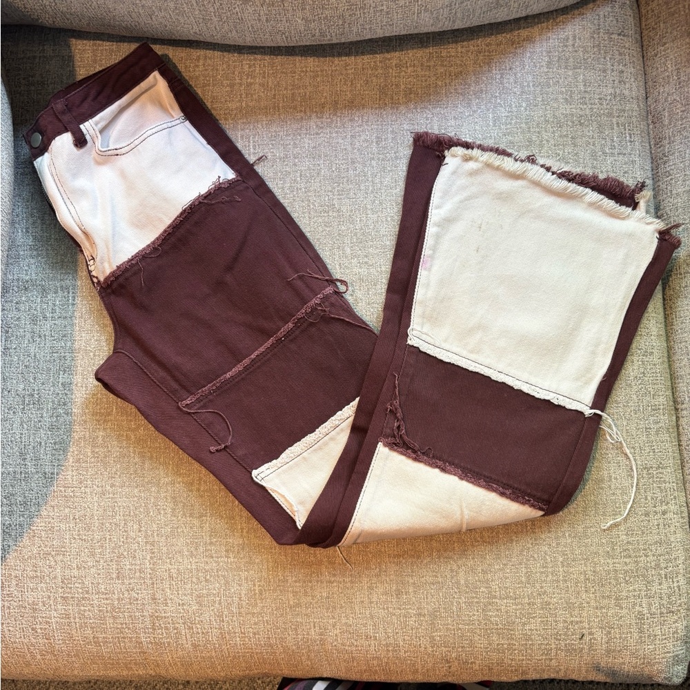 Shein Patchwork Distressed Flare Jeans - Brown and Cream